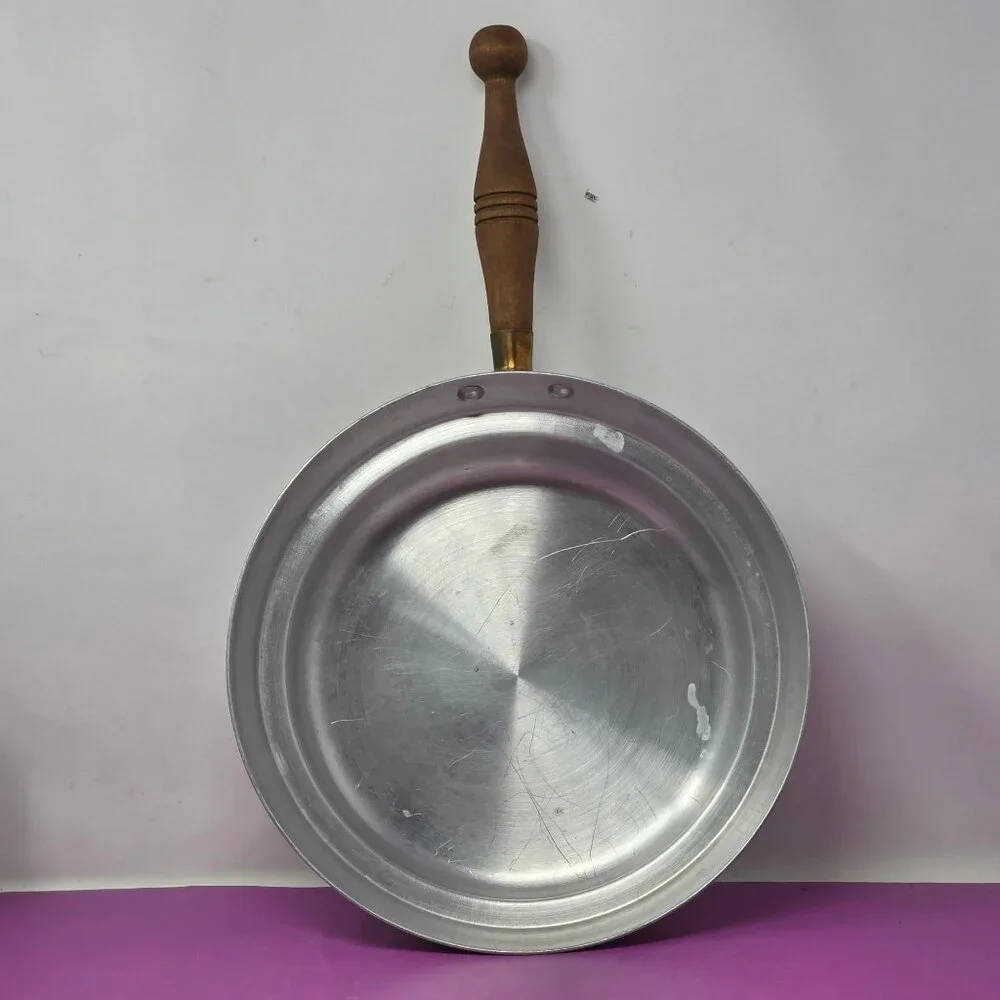 Vintage Aluminum Pan Wooden Handle Sturdy Construction Ideal Kitchen Use Display